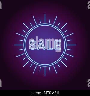 Neon banner of blue Sale badge. Vector illustration of blue Neon Sale Offer consisting of neon outlines and sunburst frame, with backlight on the dark Stock Vector