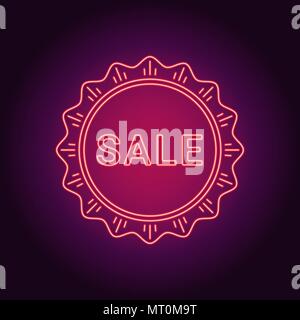 Neon banner of red Sale badge. Vector illustration of red Neon Sale Offer consisting of neon outlines and starburst frame, with backlight on the dark  Stock Vector