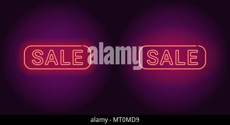 Neon banner of red Sale badge. Vector illustration of red Neon Sale Offer consisting of neon outlines and rectangular frame, with backlight on the dar Stock Vector