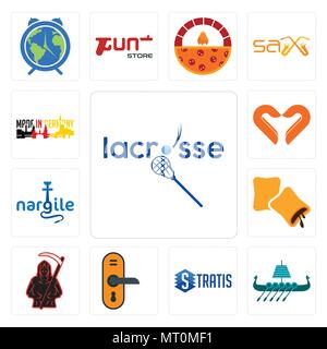 Set Of 13 simple editable icons such as lacrosse, viking ship, stratis, door knob, grim reaper, krave, nargile, handicraft company, made in germany ca Stock Vector
