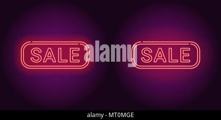 Neon banner of red Sale badge. Vector illustration of red Neon Sale Offer consisting of neon outlines and rectangular double frame, with backlight on  Stock Vector