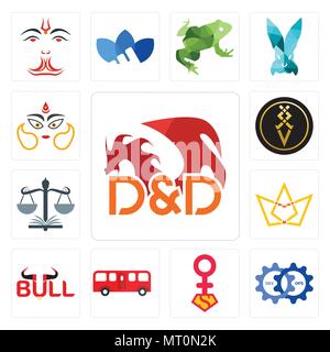 Set Of 13 simple editable icons such as dungeons and dragons, devops, superwoman, bus, bull, crown, naacp, luxury, durga can be used for mobile, web U Stock Vector