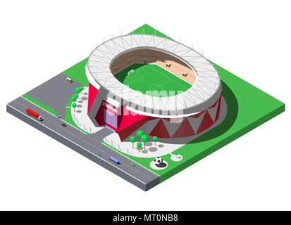 Vector isometric football stadium, soccer arena with trees and parking lot Stock Vector