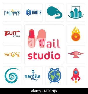 Set Of 13 simple editable icons such as nail studio, rocketship, earth hour, nargile, nautilus shell, catering, sax, o fire, gun store can be used for Stock Vector