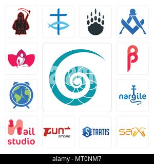 Set Of 13 simple editable icons such as nautilus shell, sax, stratis, gun store, nail studio, nargile, earth hour, , massage therapist can be used for Stock Vector