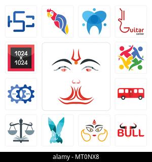 Set Of 13 simple editable icons such as anjaneya, bull, durga, deceit, naacp, bus, devops, unity, 1024x1024 can be used for mobile, web UI Stock Vector