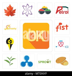 Set Of 13 simple editable icons such as, potato, sprout, ripple, tea leaf, nursing, fist, warranty can be used for mobile, web UI Stock Vector