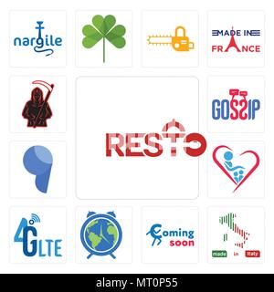 Set Of 13 simple editable icons such as resto, made in italy, coming soon, earth hour, 4g lte, orphanage, comma, gossip, grim reaper can be used for m Stock Vector