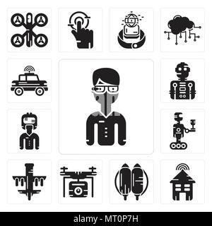 Set Of 13 simple editable icons such as Google glasses, Smart house, Jetpack, Drone, Robot, Augmented reality, Car can be used for mobile, web UI Stock Vector