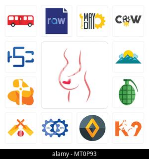 Set Of 13 simple editable icons such as gynaecologist, k9, renault, devops, cricket, grenade, church, mountain, hsc can be used for mobile, web UI Stock Vector