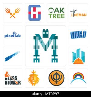 Set Of 13 simple editable icons such as mech, rainbow, sikhism, judah and the lion, glass blower, general contractor, peregrine falcon, tiket, pixella Stock Vector