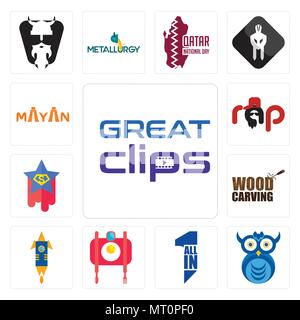 Set Of 13 simple editable icons such as great clips, owl company, all in one, food photography, stellar, wood carving, superstar, rap, mayan can be us Stock Vector
