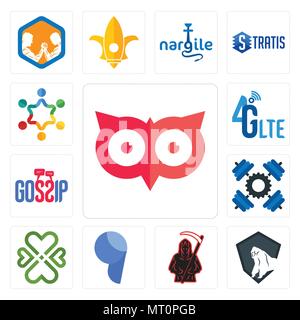 Set Of 13 simple editable icons such as minimal owl, king kong, grim reaper, comma, four  hearts, , gossip, 4g lte, peoples can be used for mobile, we Stock Vector