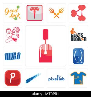 Set Of 13 simple editable icons such as nail tech, teechip, pixellab, peregrine falcon, pinterest, quintessentially, tiket, glass blower, me and mom c Stock Vector