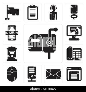 Set Of 13 simple editable icons such as Mailbox, Browser, Email, Server, Mouse, Telephone, Video call, Smartphone can be used for mobile, web UI Stock Vector