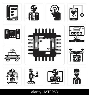 Set Of 13 simple editable icons such as Chip, Google glasses, Robot, Drone, Car, Hologram, Smartphone can be used for mobile, web UI Stock Vector