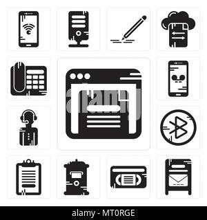 Set Of 13 simple editable icons such as Browser, Mailbox, Vhs, Clipboard, tooth, News reporter, Smartphone, Telephone can be used for mobile, web UI Stock Vector