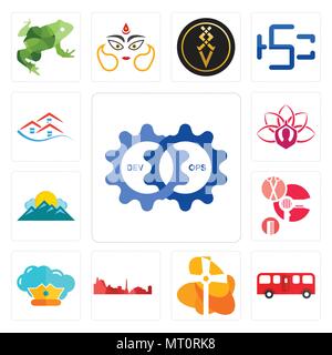 Set Of 13 simple editable icons such as devops, bus, church, leipzig hd, supreme, salon, mountain, lotus, emlak can be used for mobile, web UI Stock Vector