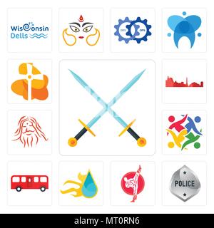 Set Of 13 simple editable icons such as excalibur, generic police, karate, liquid nitro, bus, unity, patanjali, leipzig hd, church can be used for mob Stock Vector