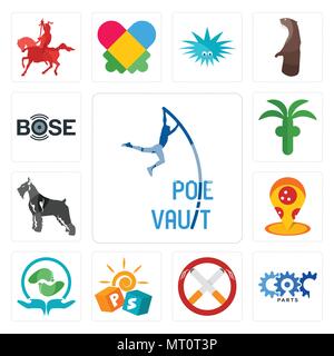 Set Of 13 simple editable icons such as pole vault, carparts, non smoking, pre school, acupressure, pizza place, schnauzer, church, bose can be used f Stock Vector