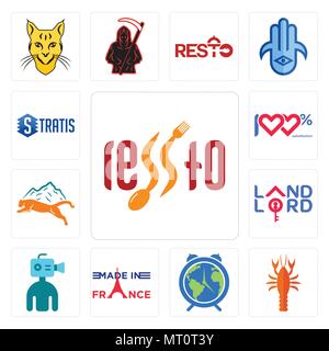 Set Of 13 simple editable icons such as, crawfish, earth hour, made in france, cameraman, landlord, mountain lion, 100 satisfaction, stratis can be us Stock Vector
