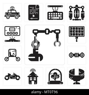 Set Of 13 simple editable icons such as Industrial robot, Panoramic view, Tree, Smart house, Motorbike, Hoverboard, Vehicle, Solar panel, Hologram can Stock Vector