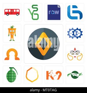 Set Of 13 simple editable icons such as renault, crocs, k9, crest, grenade, durga, omega, devops, mascot can be used for mobile, web UI Stock Vector