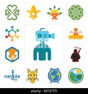 Set Of 13 simple editable icons such as cameraman, creek, earth hour, bobcat, nargile, grim reaper, arm wrestling, cinco de mayo, peoples can be used  Stock Vector