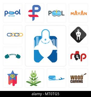 Set Of 13 simple editable icons such as fishing store, wood carving, air mail, quran, superstar, rap, powerlifting, white spartan, supply chain can be Stock Vector