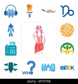 Set Of 13 simple editable icons such as womens fashion, book, h2o, who, quadcopter, hand holding plant, fax, golden rose, shark mascot can be used for Stock Vector