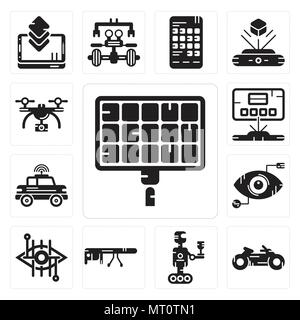Set Of 13 simple editable icons such as Solar panel, Motorbike, Robot, Google glasses, Bionic contact lens, Eye scan, Car, Hologram, Drone can be used Stock Vector
