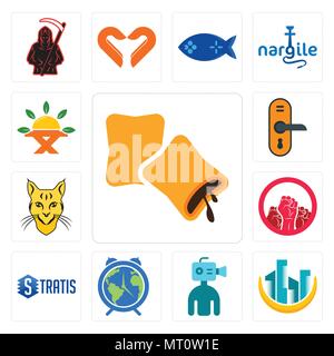Set Of 13 simple editable icons such as krave, construction, cameraman, earth hour, stratis, social justice, bobcat, door knob, farm to table can be u Stock Vector