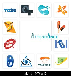Set Of 13 simple editable icons such as attendance, cashback, paragliding, third eye, double m, , fright night, corn dog, crepe can be used for mobile Stock Vector