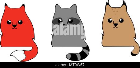Cute forest animals: a fox, raccoon, and bobcat. A set of cartoon characters, logo, icons. Stock Vector