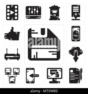 Set Of 13 simple editable icons such as Diskette, File, Video call, Smartphone, Network, Cloud computing, Router, Like can be used for mobile, web UI Stock Vector
