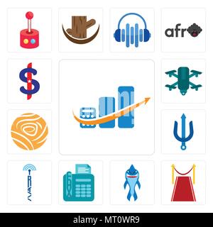 Set Of 13 simple editable icons such as accounting, carpet, shark mascot, fax, radio tower, trident, golden rose, quadcopter, us dollar can be used fo Stock Vector