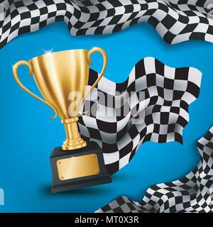 Realistic Golden Trophy with Checkered flag racing championship background, Vector Illustration Stock Vector