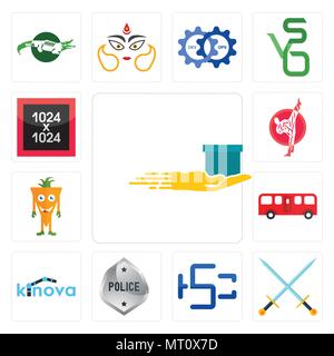 Set Of 13 simple editable icons such as cash on delivery, excalibur, hsc, generic police, kinova, bus, mascot, karate, 1024x1024 can be used for mobil Stock Vector
