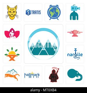 Set Of 13 simple editable icons such as mont, elephant, grim reaper, hallmark, mountain lion, nargile, farm to table, catering, massage therapist can  Stock Vector