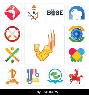 Set Of 13 simple editable icons such as superpower, knight on horseback, acupressure, 30th anniversary, 10 years warranty, autism, fantasy baseball, a Stock Vector