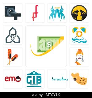 Set Of 13 simple editable icons such as cashback, hyena, attendance, generic bank, emo, ashoka, corn dog, pool party, triquetra can be used for mobile Stock Vector