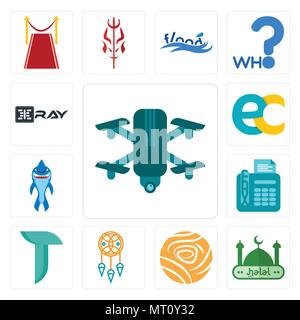 Set Of 13 simple editable icons such as quadcopter, halal, golden rose, dream catcher, teal, fax, shark mascot, ec, xray can be used for mobile, web U Stock Vector