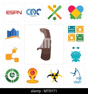 Set Of 13 simple editable icons such as otter, pole vault, quarantine, pizza place, e waste, bearded fisherman, bitconnect, periodic table, constracti Stock Vector