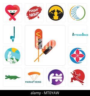 Set Of 13 simple editable icons such as corn dog, wushu, fx white, paragliding, croc, healer, dog trainer, attendance, can be used for mobile, web UI Stock Vector