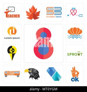 Set Of 13 simple editable icons such as number 8, ok, diamond, eagle head, , sprout, sea shell, can be used for mobile, web UI Stock Vector