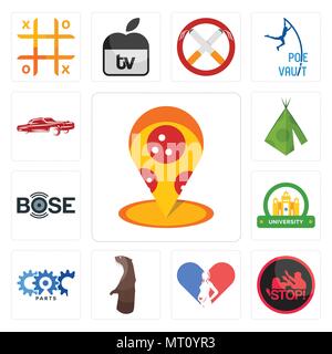 Set Of 13 simple editable icons such as pizza place, domestic violence, gynecologist, otter, carparts, university, bose, teepee, lowrider can be used  Stock Vector