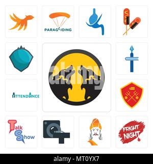 Set Of 13 simple editable icons such as pack wolf, fright night, ashoka, ct scan, talk show, man u, attendance, christian school, s.h.i.e.l.d. can be  Stock Vector