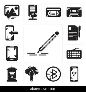 Set Of 13 simple editable icons such as Pencil, Smartphone, tooth, Cloud computing, Mailbox, Keyboard, Tablet, File, Smartphone can be used for mobile Stock Vector