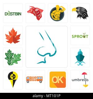 Set Of 13 simple editable icons such as nose, umbrella, , shipping company, oak leaf, sprout, maple leaf can be used for mobile, web UI Stock Vector