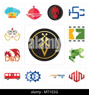 Set Of 13 simple editable icons such as luxury, equinix, fastrack, devops, bus, big frog, dungeons and dragons, bollywood, durga can be used for mobil Stock Vector